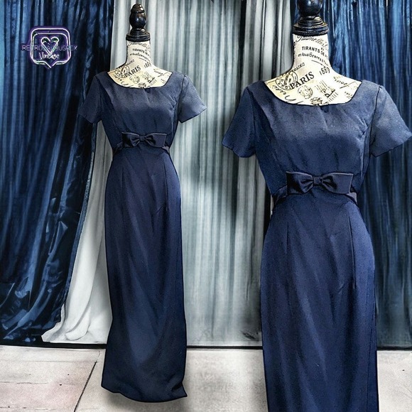 Vintage 90s Old Hollywood Jim Hjelm Formal Navy Blue Maxi Dress,  8 - Picture 1 of 8
